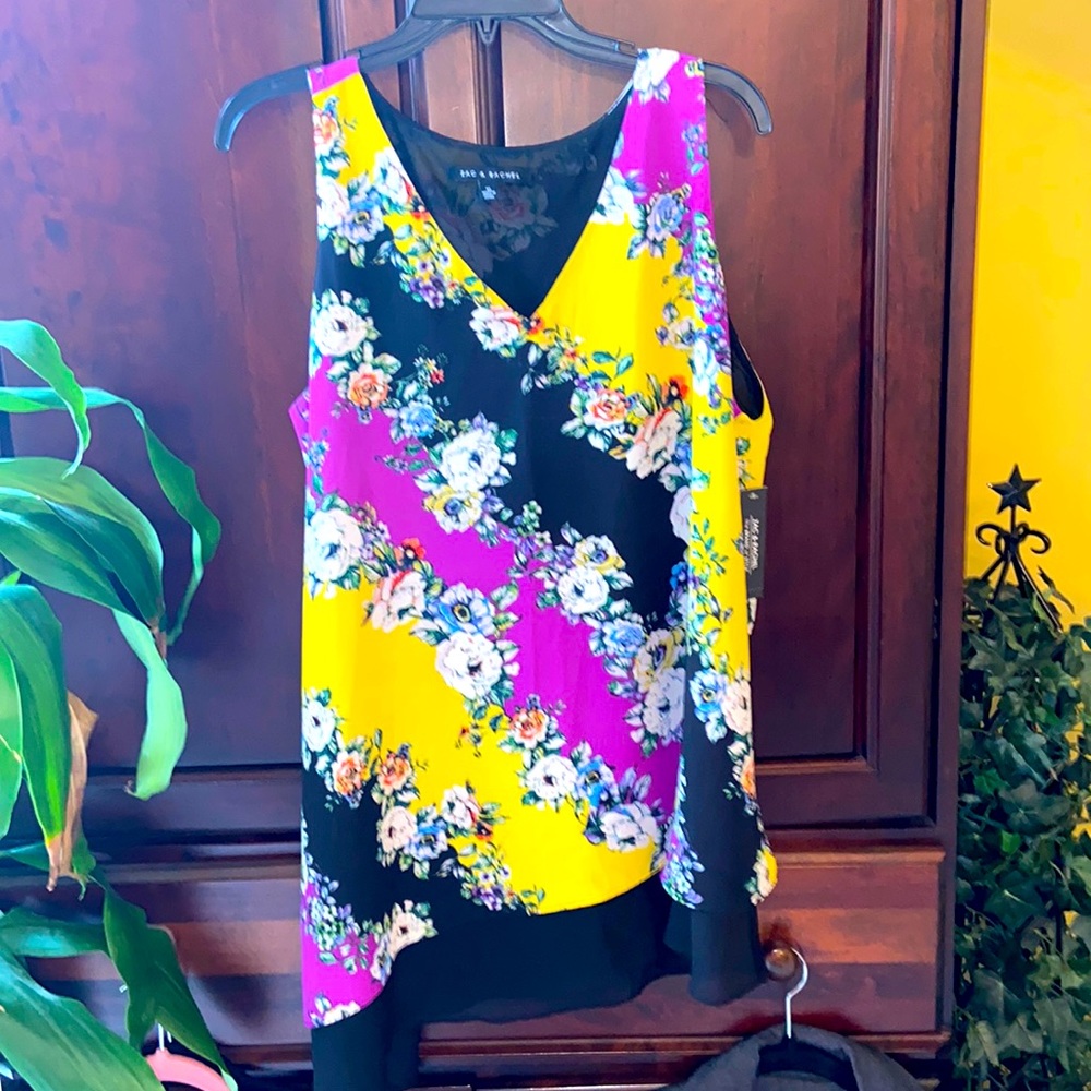 Zac & Rachel Asymmetrical Black Purple & Yellow Floral Sleeveless Tunic Top